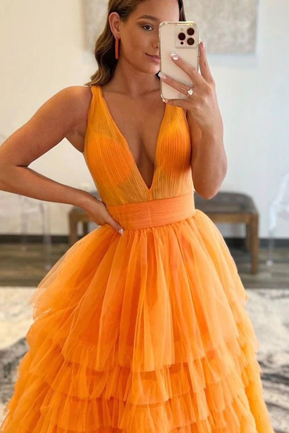 Unthony - V Neck Open Back Layered Orange Tulle Long Prom Dress