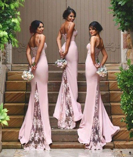 Unthony - Spaghetti Straps Mermaid Pink Lace Prom Dresses