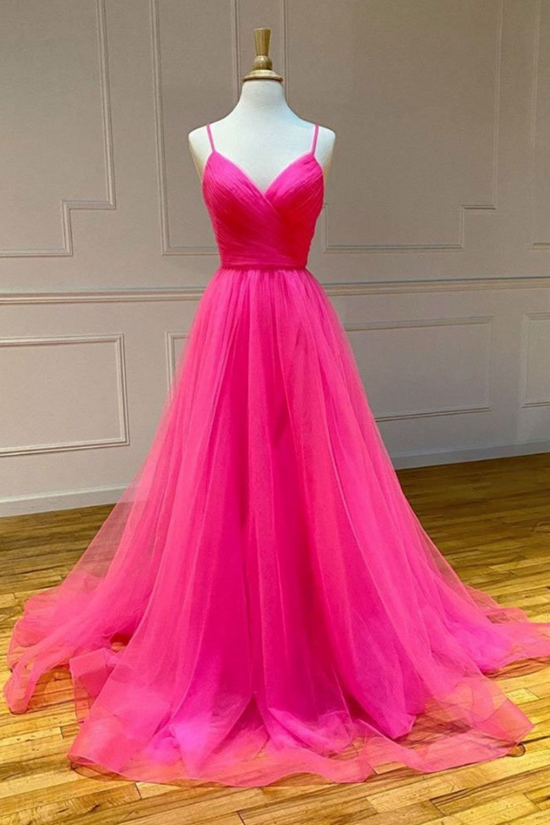 Unthony - Stylish A Line V Neck Backless Hot Pink Long Prom Dress