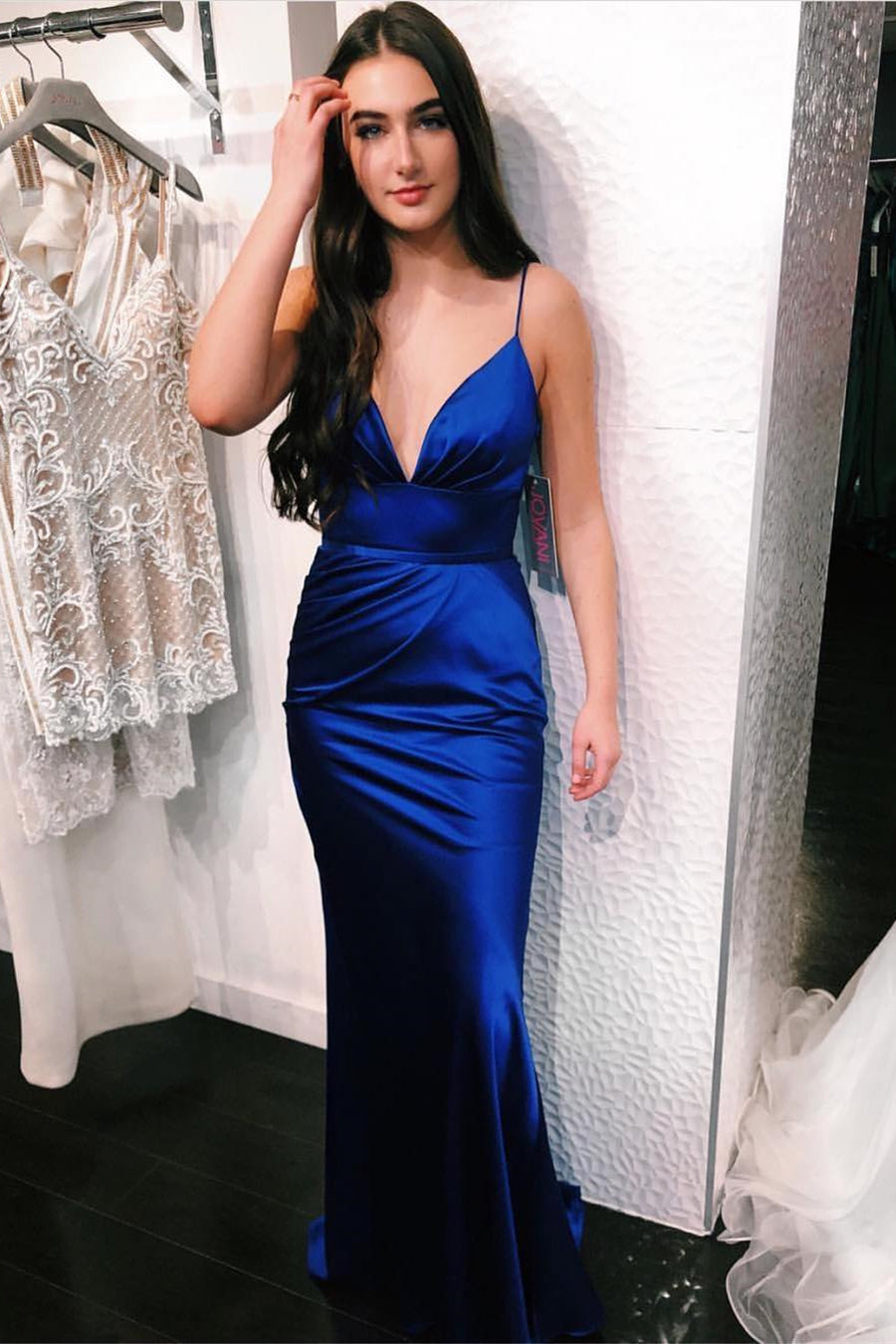 Unthony - Royal Blue Satin Mermaid V Neck Long Prom Dress