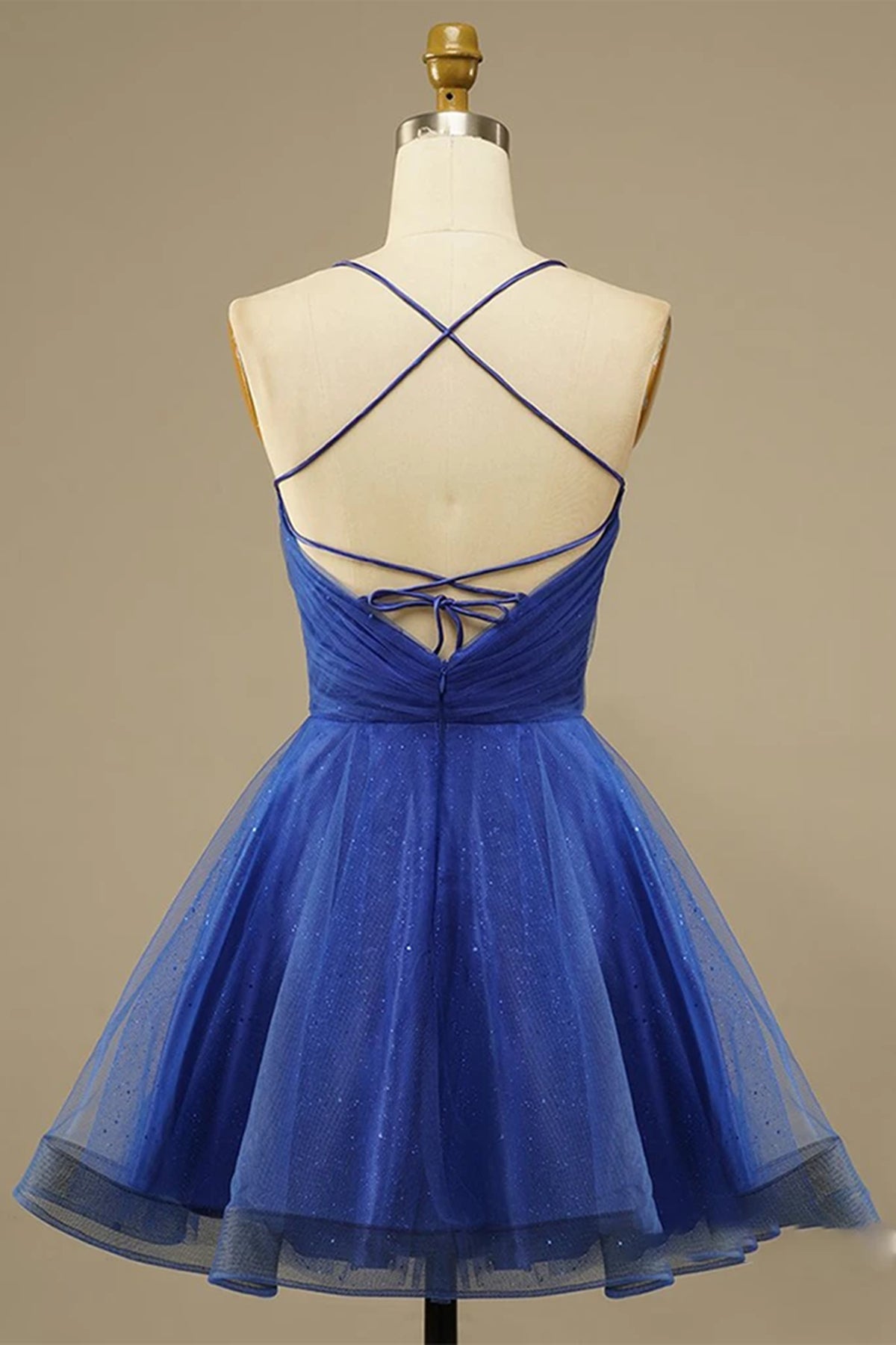 Unthony - A Line V Neck Backless Blue Tulle Prom Dress