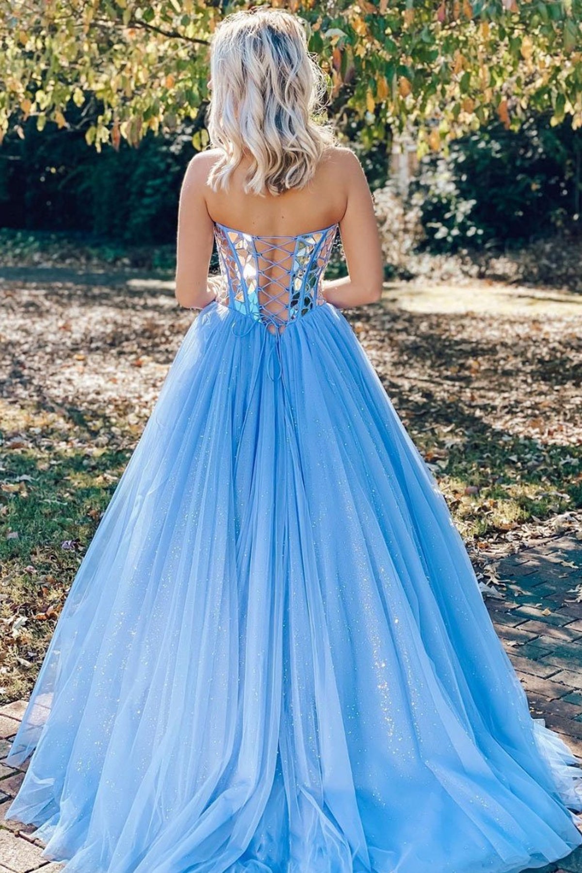 Unthony - Strapless Shiny Sequins Blue Tulle Long Prom Dress