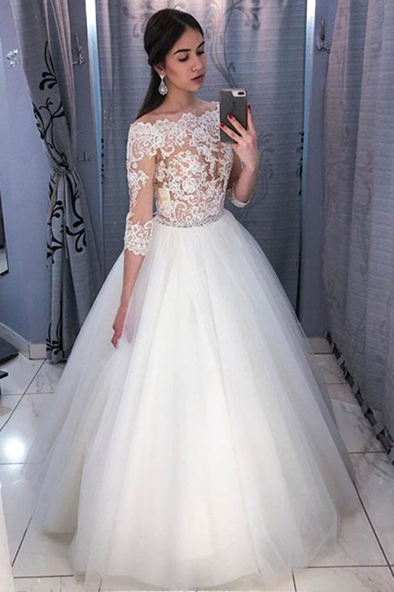 Unthony - Long Sleeves Lace White Long Prom Wedding Dresses