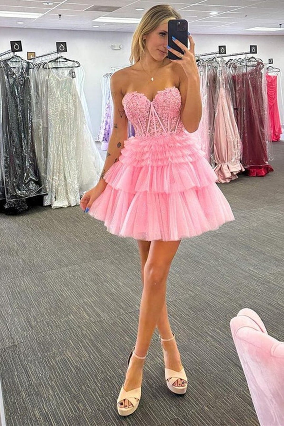 Unthony - Sweetheart Neck Strapless Beaded Red/Pink Lace Prom Dress