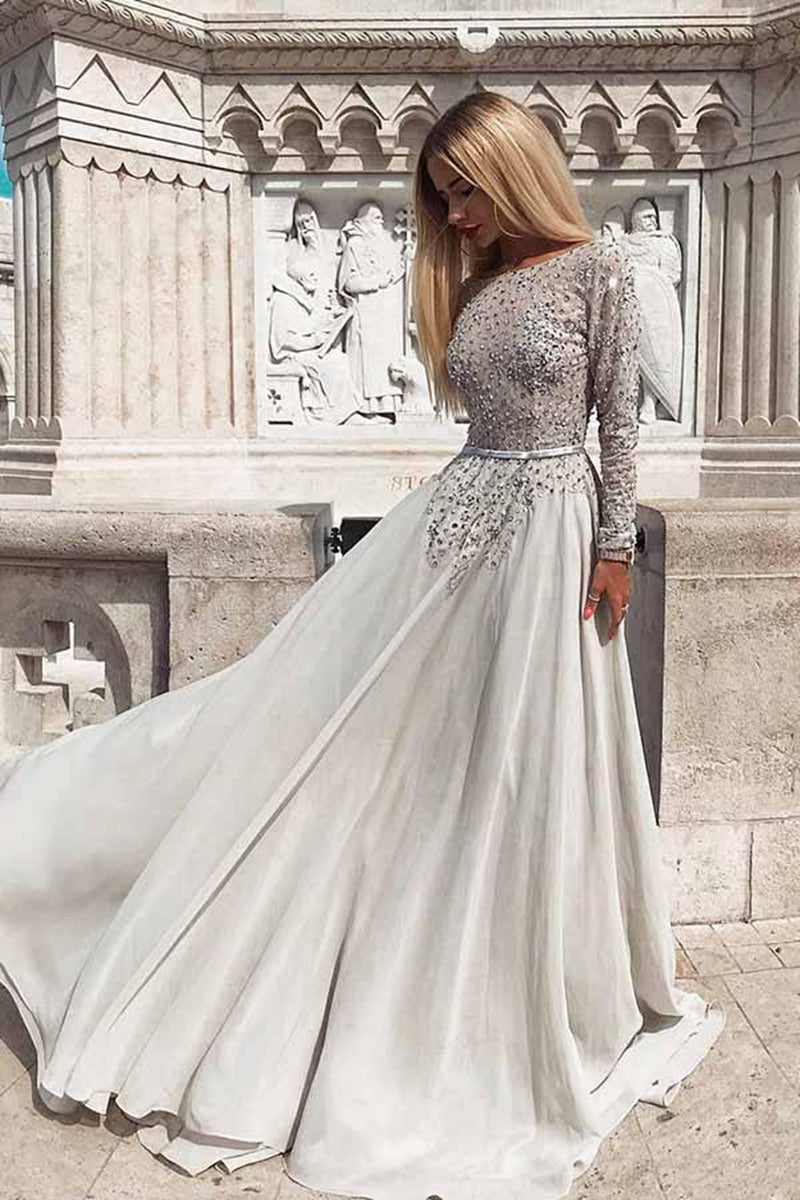 Unthony - Silver Grey Sequins Long Sleeves Backless Prom Dress
