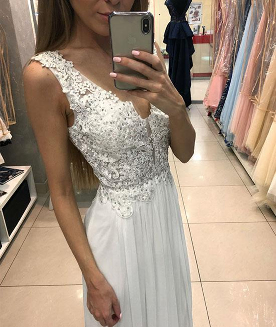 Unthony - A Line V Neck Lace White Chiffon Long Prom Dresses
