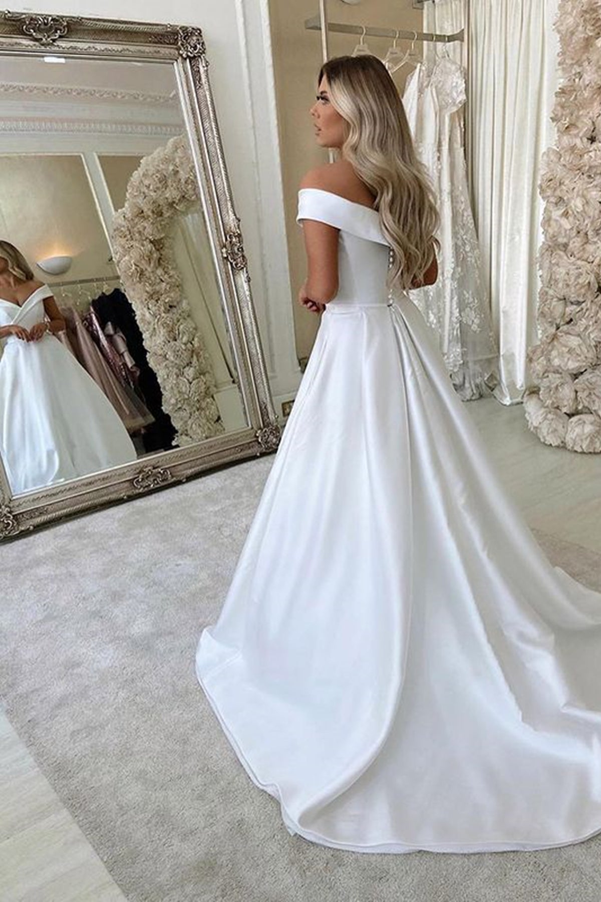 Unthony - Off Shoulder White Satin Long Prom Dress