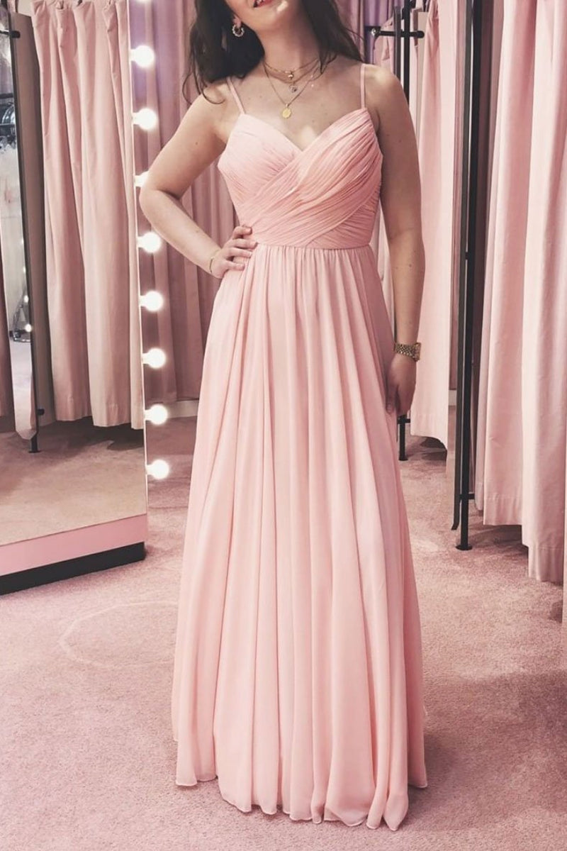 Unthony - A Line V Neck Pink Chiffon Long Prom Dress