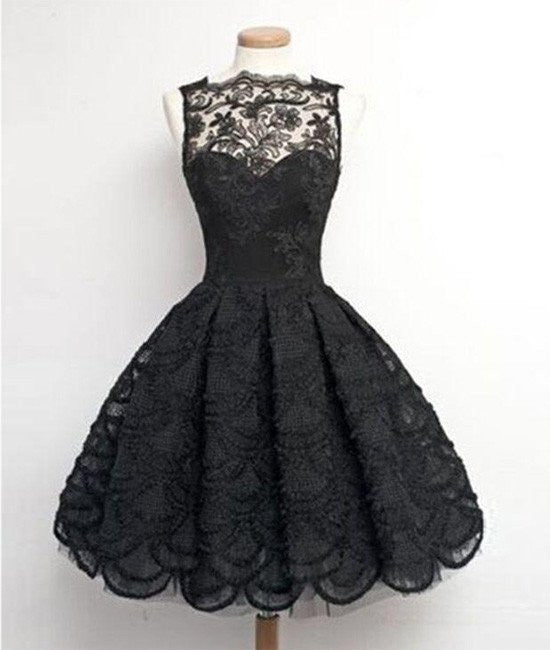 Unthony - Retro A-line Black Lace Sleeveless Open Back Short Prom Dresses