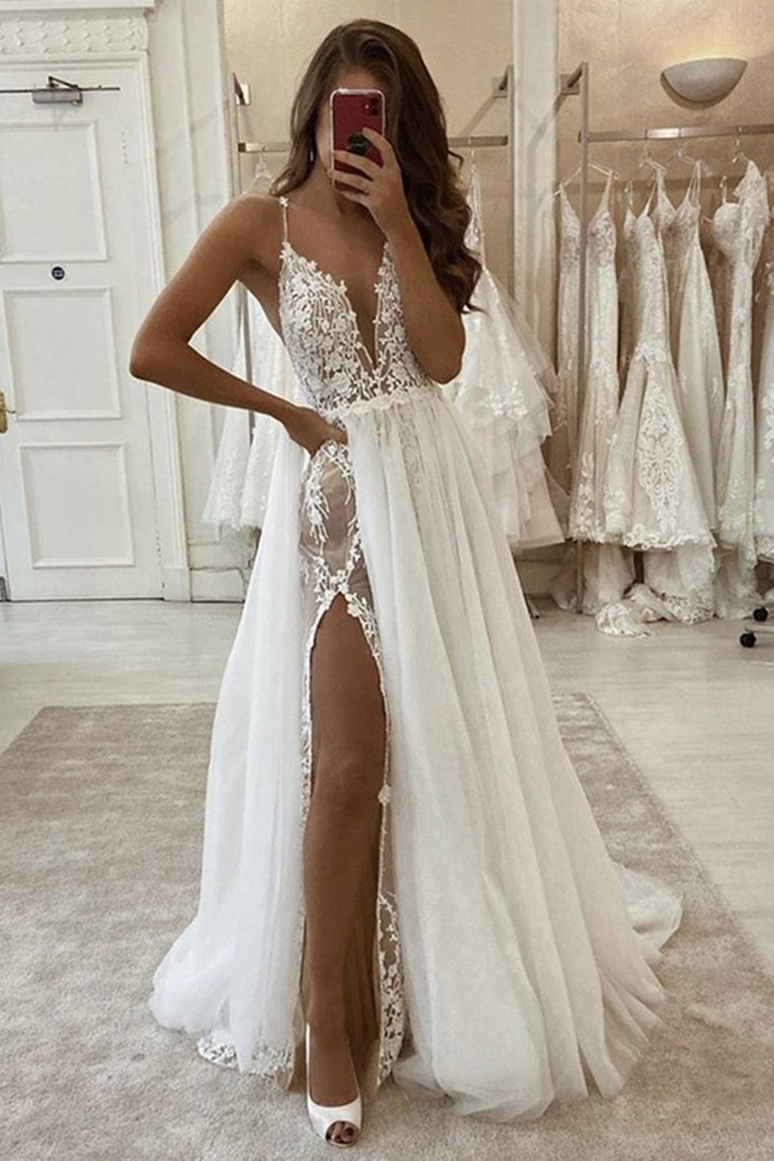 Unthony - A Line V Neck Ivory Lace Long Prom Wedding Dress with High Slit