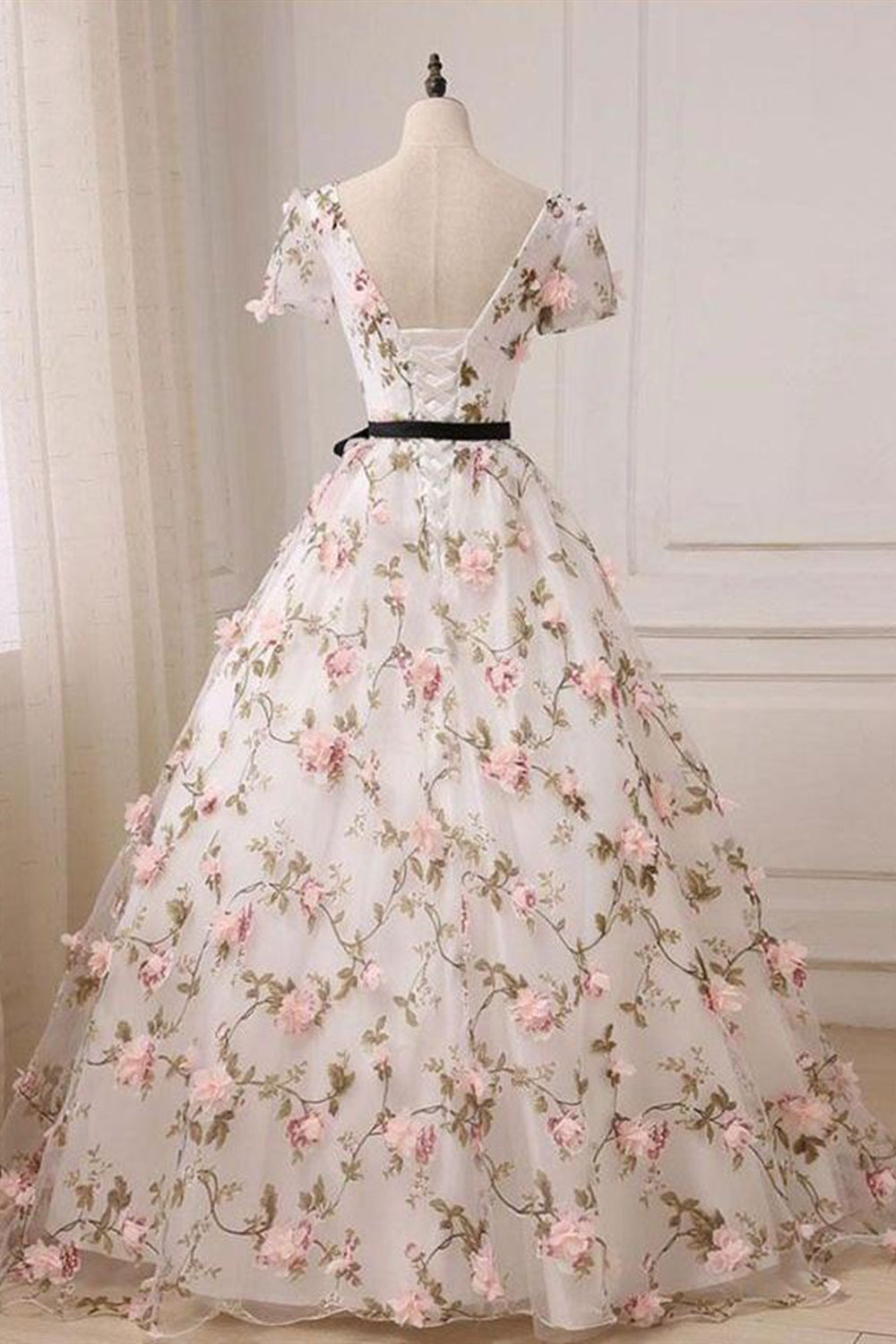 Unthony - Short Sleeves V Neck Pink 3D Flower White Long Prom Dress