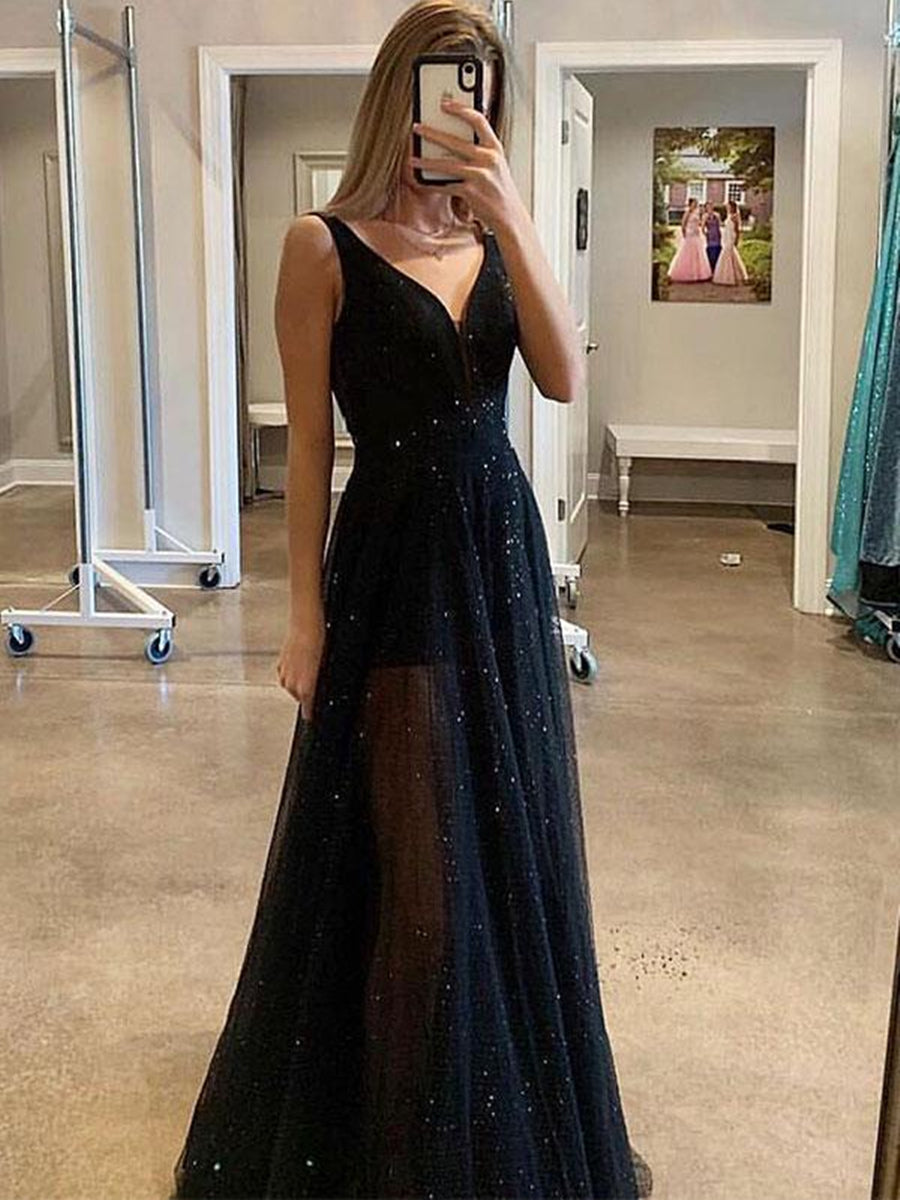 Unthony - Custom Made A Line V Neck Sparkly Sequins Black Long Prom Dresses