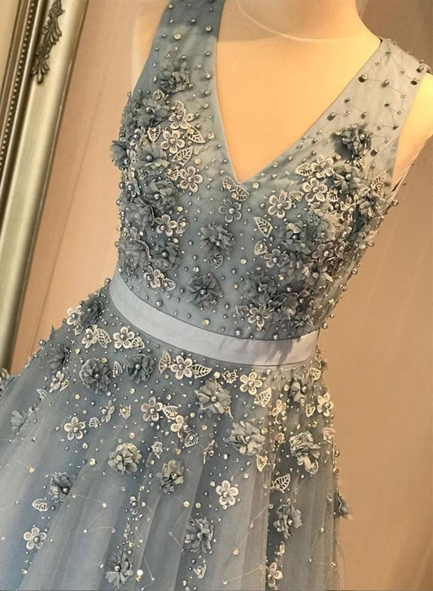 Unthony - V Neck Open Back Beaded Blue Long Prom Dress with 3D Flowers