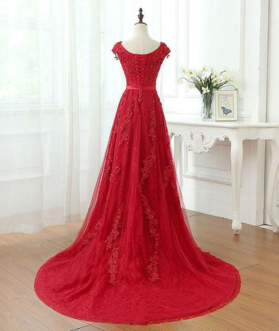 Unthony - A Line Cap Sleeves Burgundy Lace Long Prom Dress with Appliques