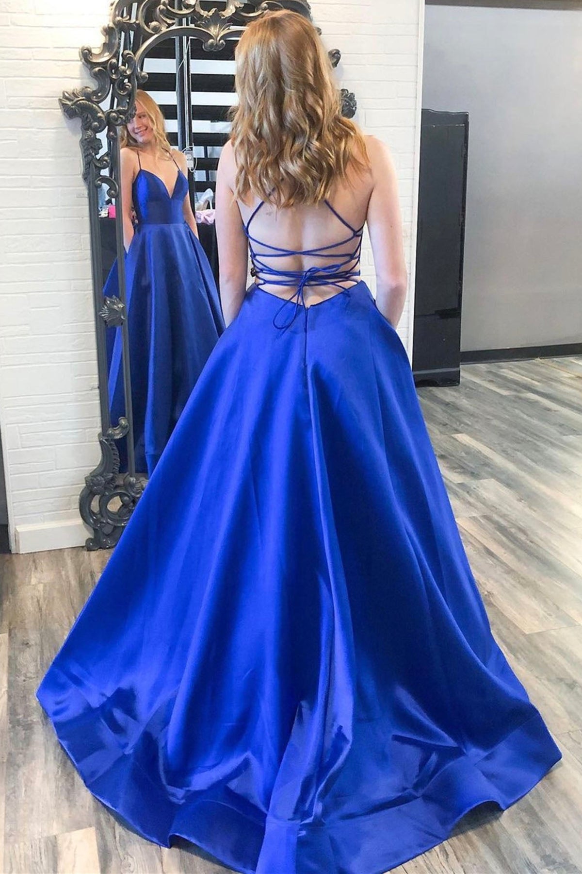 Unthony - V Neck Cross Back Royal Blue Satin Long Prom Dress