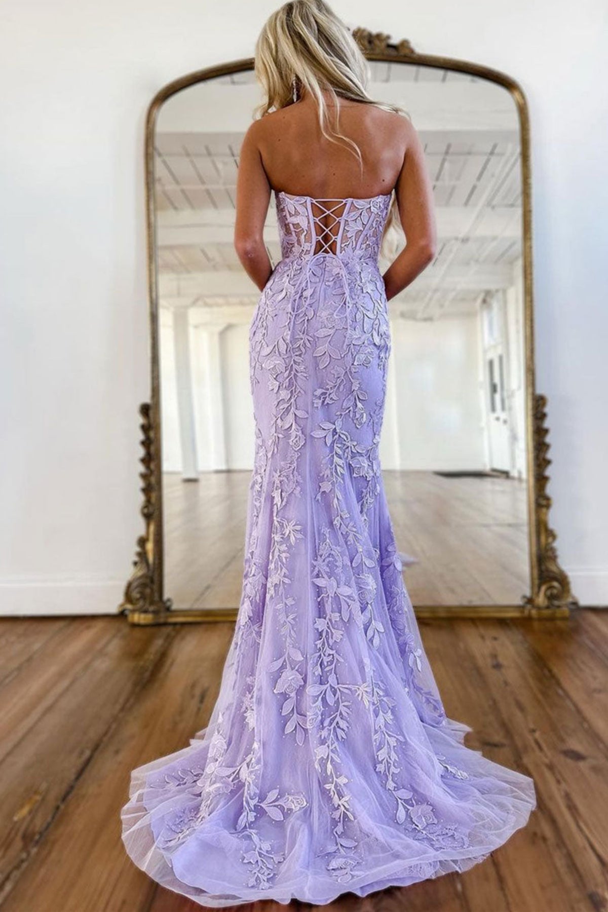 Unthony - Mermaid Strapless Purple Lace Long Prom Dress
