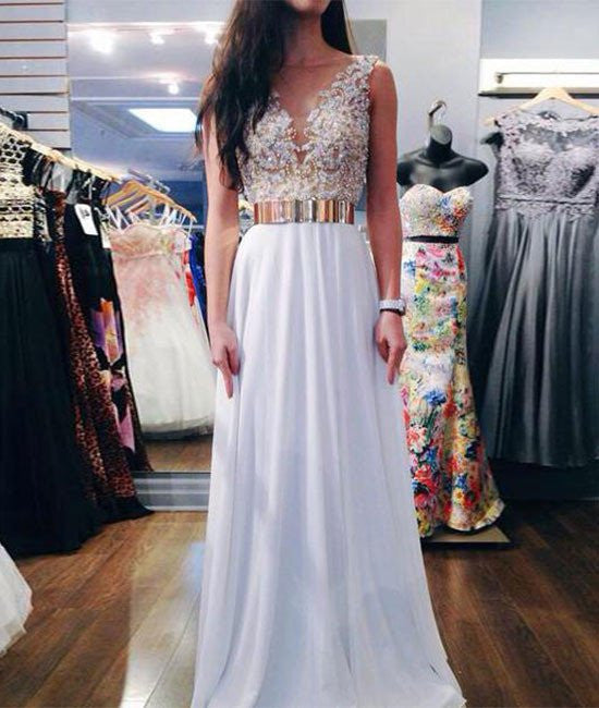 Unthony - A Line Gold Belt White Lace Prom Dresses