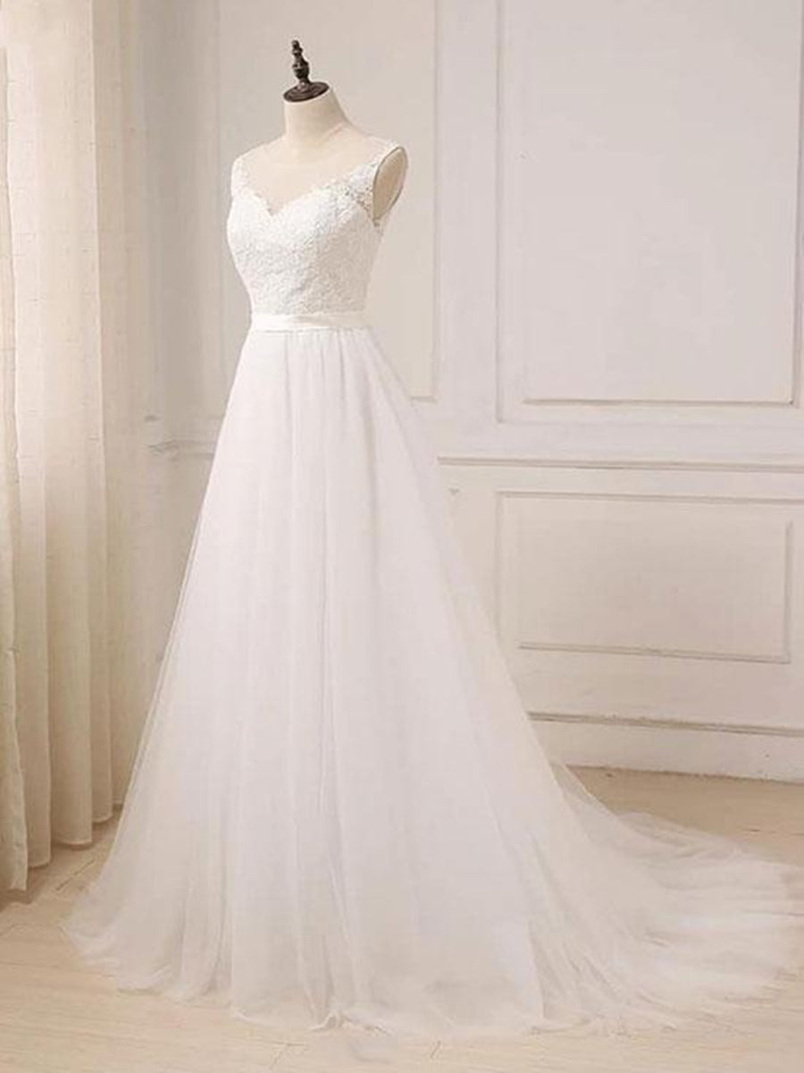 Unthony - Custom Made A Line Round Neck Lace Tulle White Long Prom Dresses