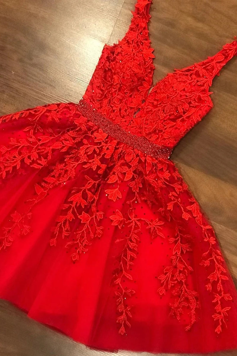 Unthony - V Neck Short Red Lace Prom Dress with Beadings