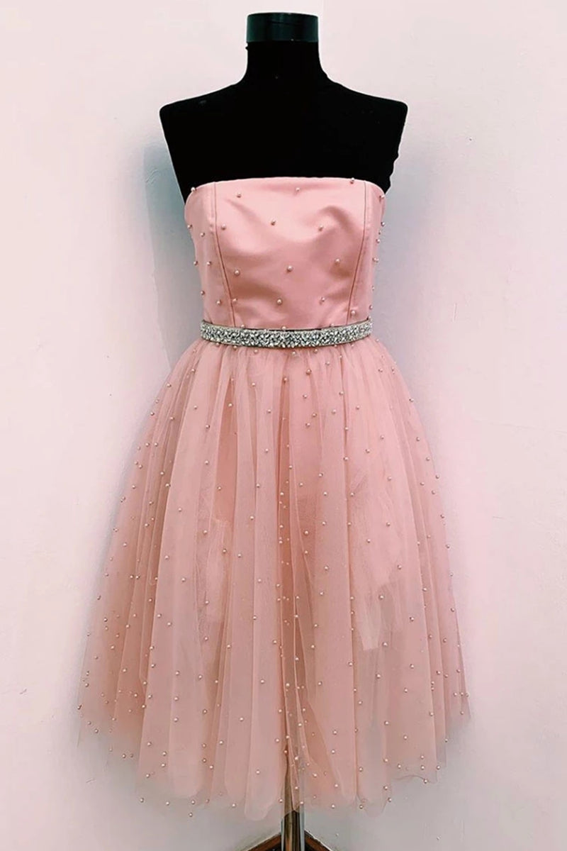 Unthony - Cute A Line Strapless Beaded Pink Short Prom Dress Homecoming Dress