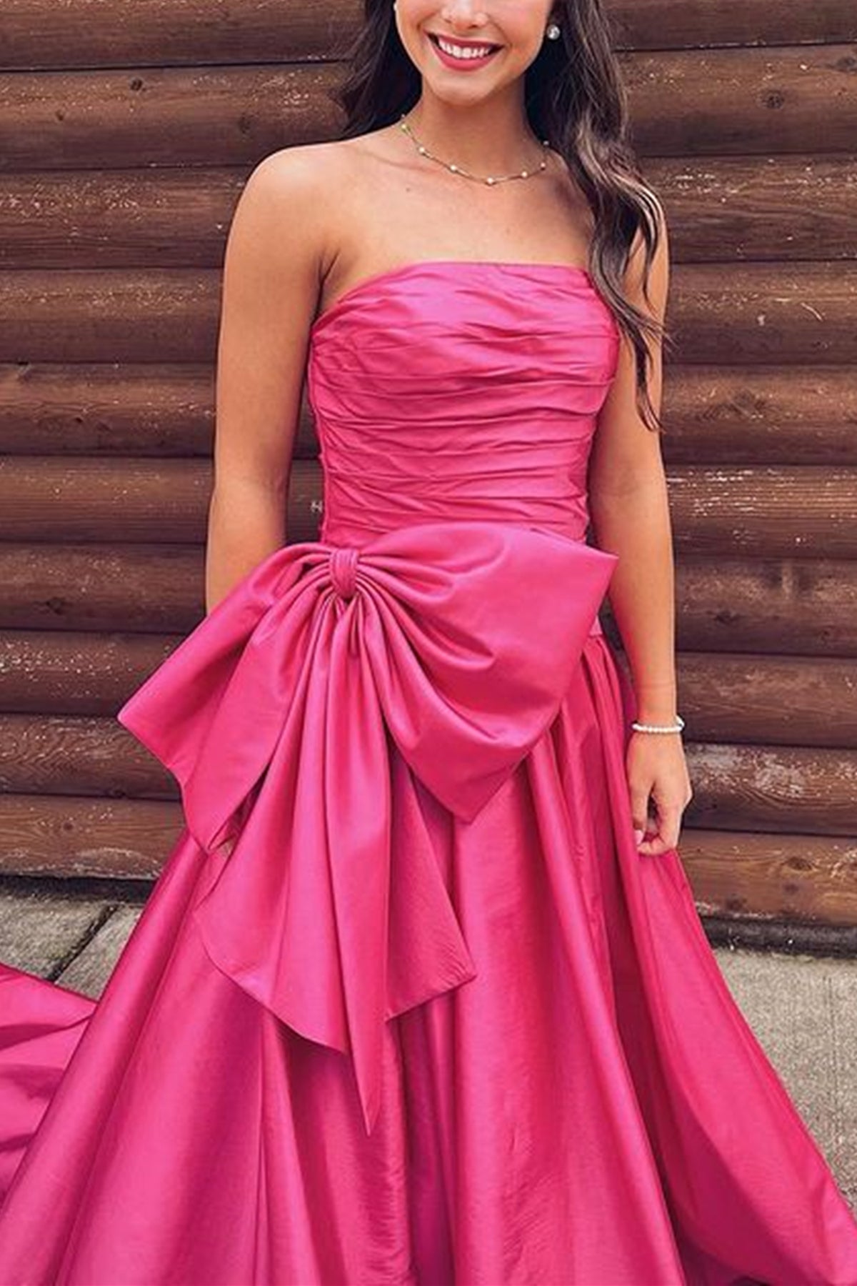 Unthony - Strapless Hot Pink Satin Long Prom Dress