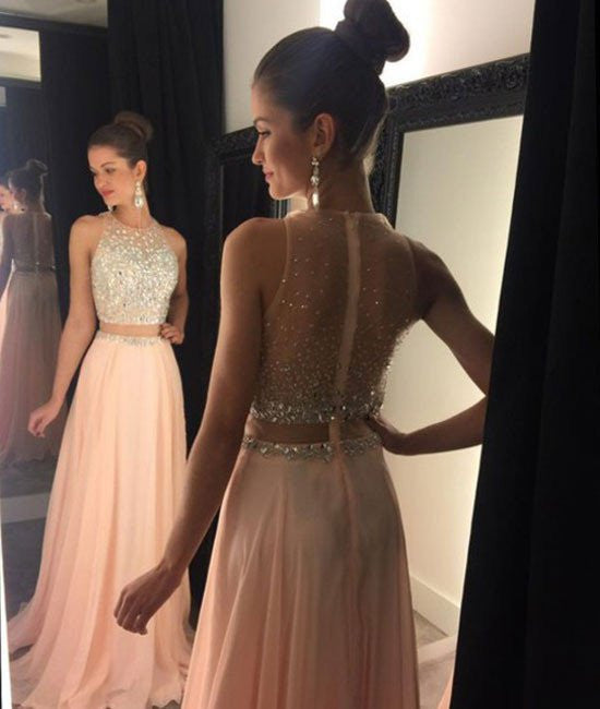 Unthony - A Line Round Neck Two Pieces Pink Prom Dresses