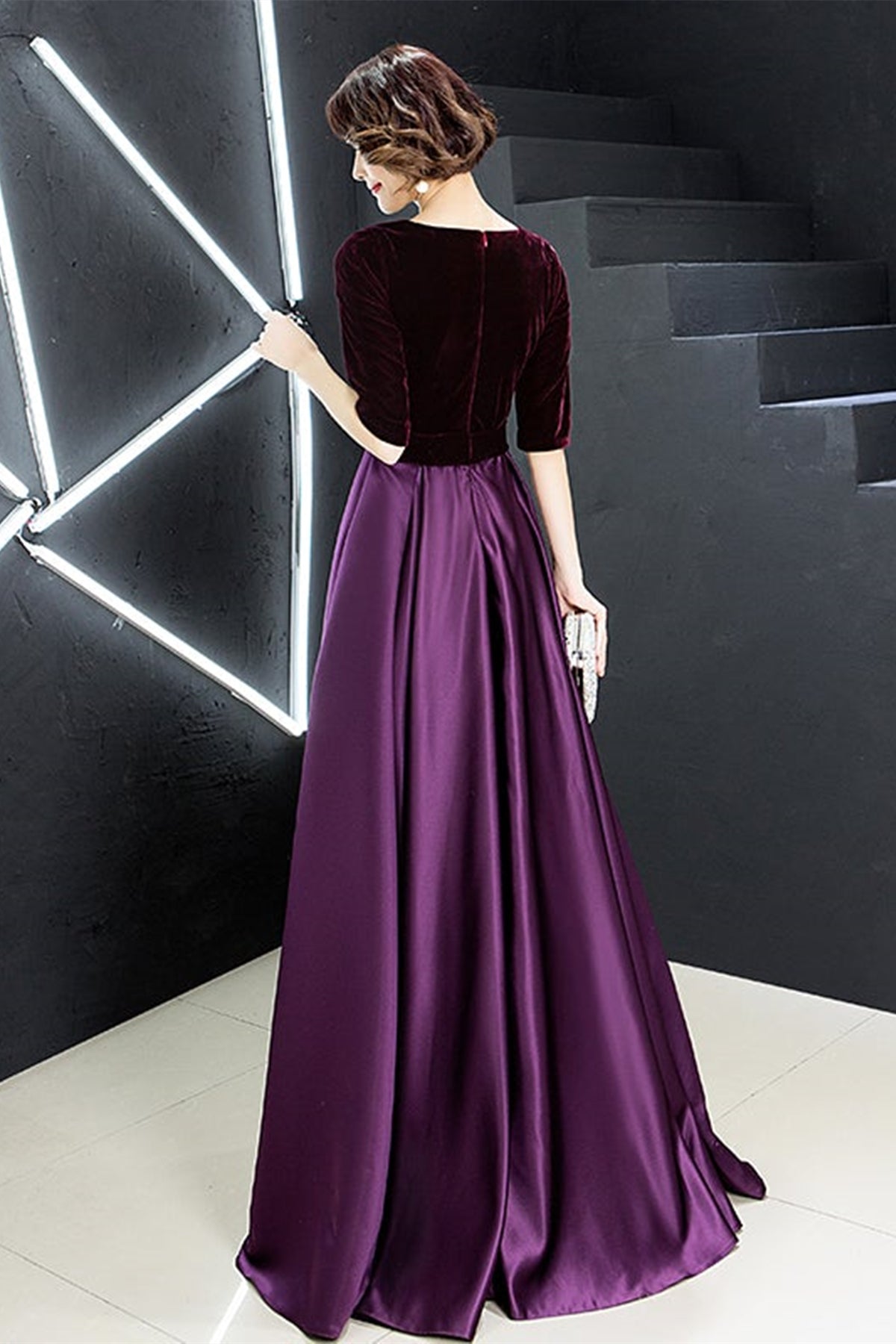Unthony - Half Sleeve V Neck Purple Velvet Long Prom Dress