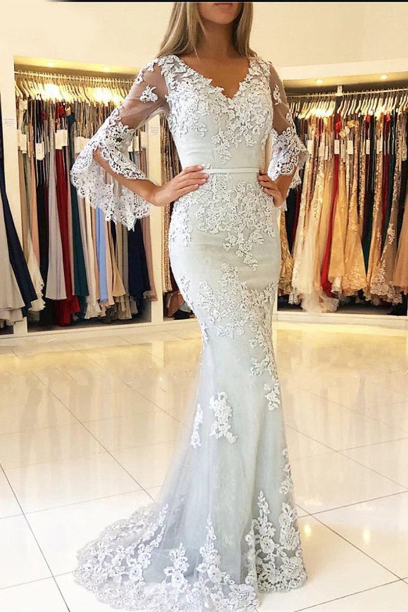 Unthony - Long Bell Sleeves V Neck Mermaid Lace Long Prom Dresses