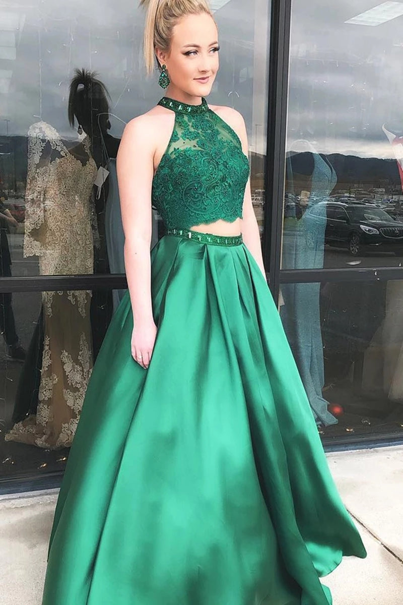 Unthony - Custom Made A Line Two Pieces Lace Green Prom Dress