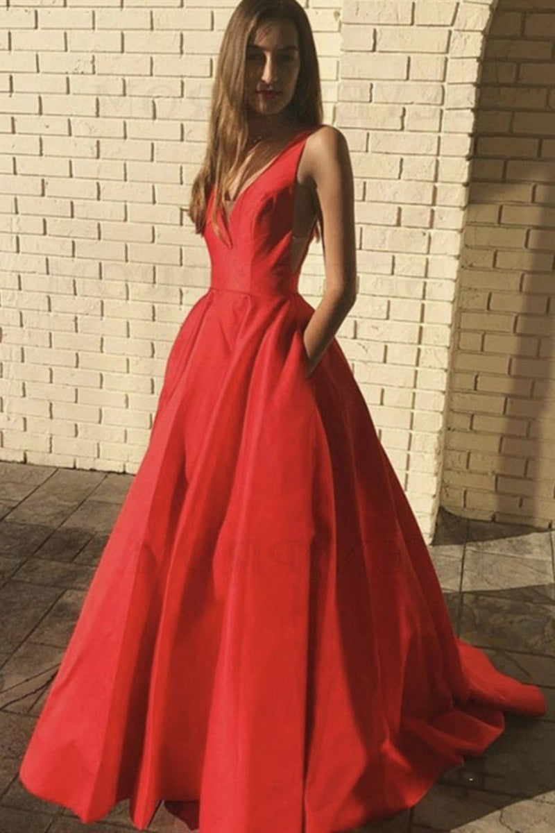 Unthony - V Neck and V Back Red Satin Long Prom Dress with Pocket