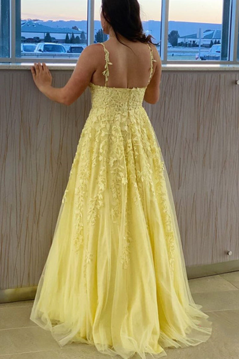 Unthony - A Line V Neck Open Back Yellow Lace Long Prom Dress