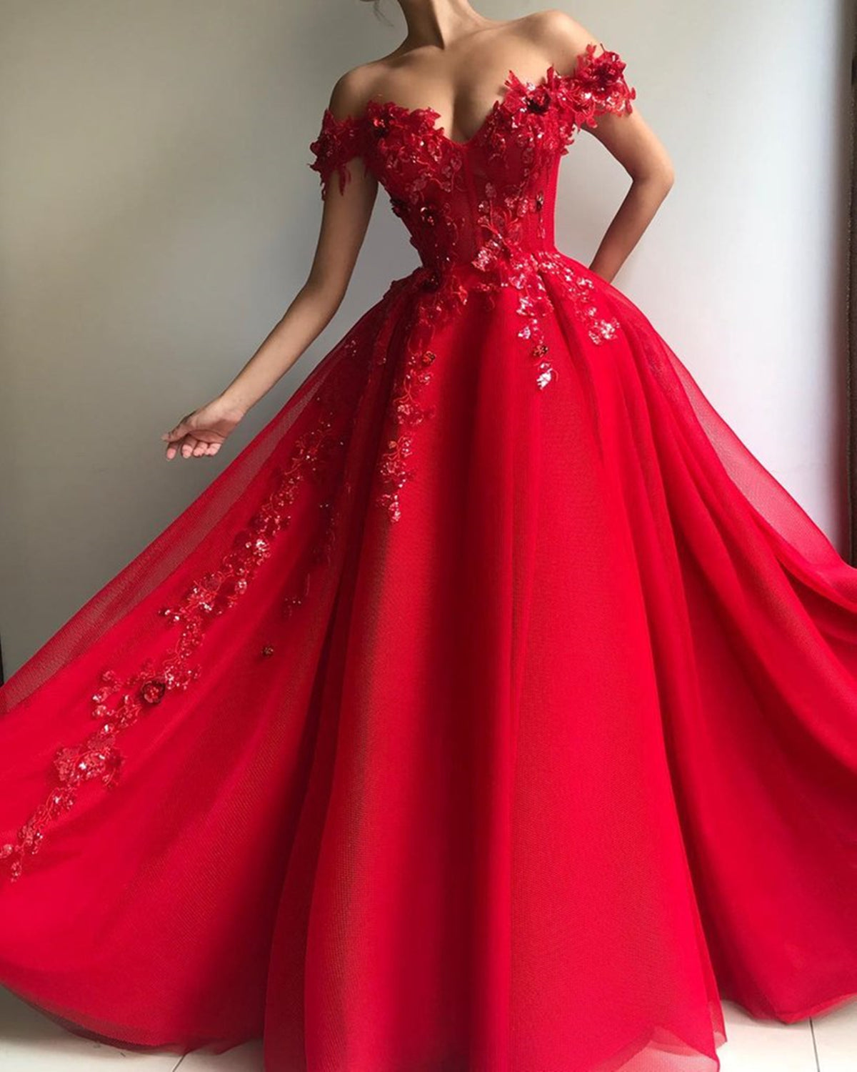 Unthony - Off the Shoulder Red Lace Floral Long Prom Dress