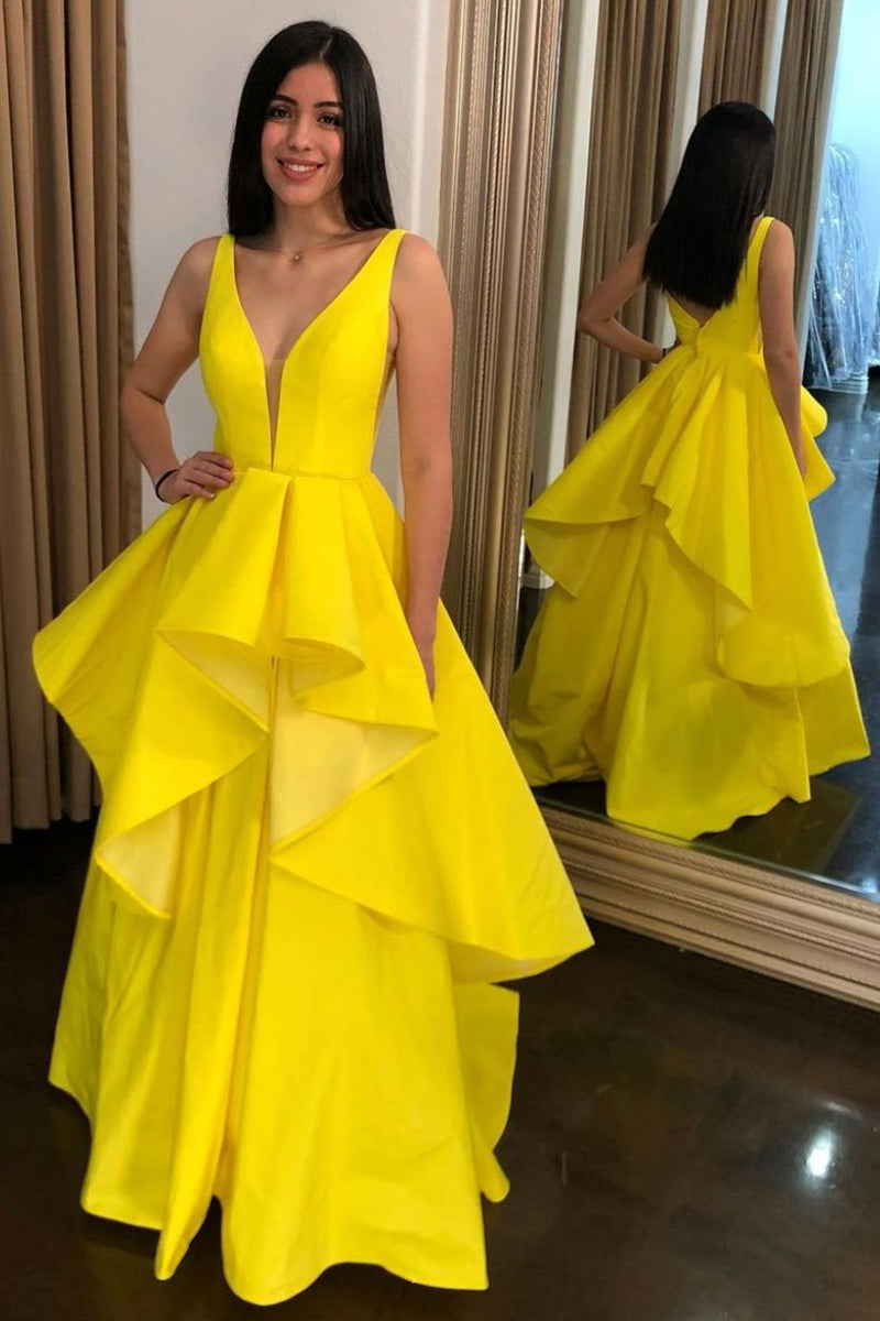 Unthony - High Low V Neck Layered Yellow Satin Long Prom Dress