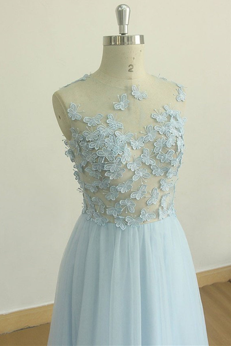 Unthony - A Line Round Neck Baby Blue Lace Long Prom Dress with Butterfly