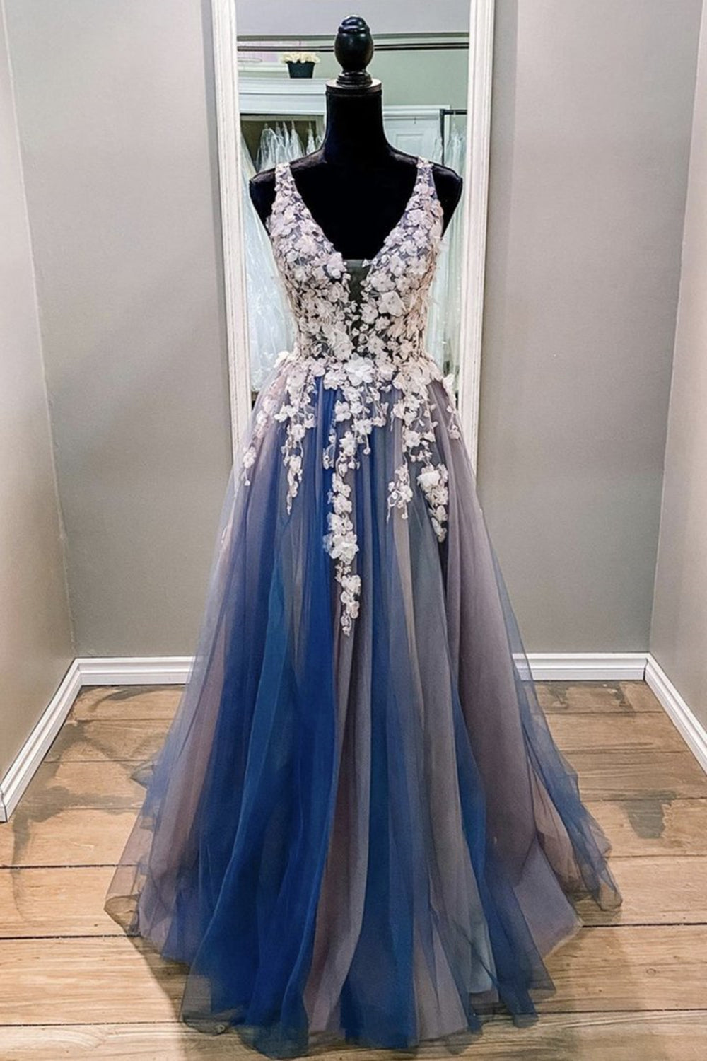 Unthony - A Line V Neck Blue Lace Long Prom Dress