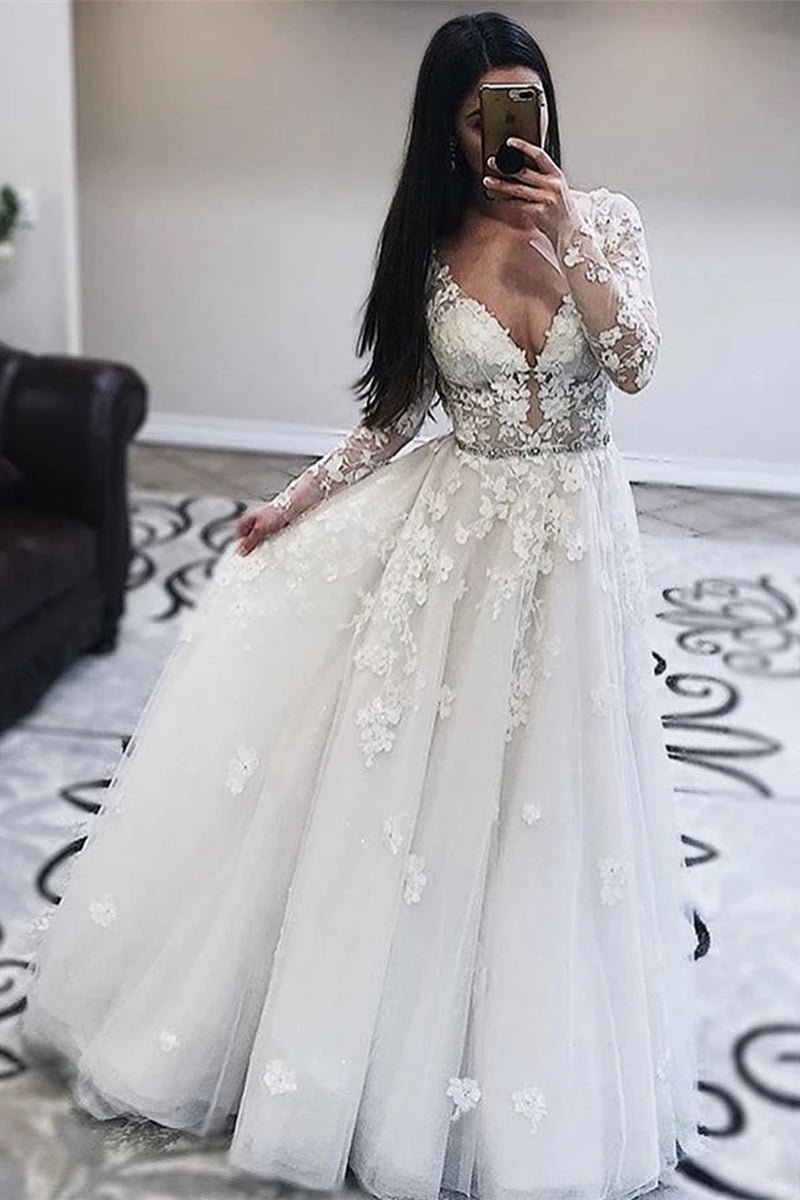 Unthony - Long Sleeves V Neck White Lace Prom Wedding Dress