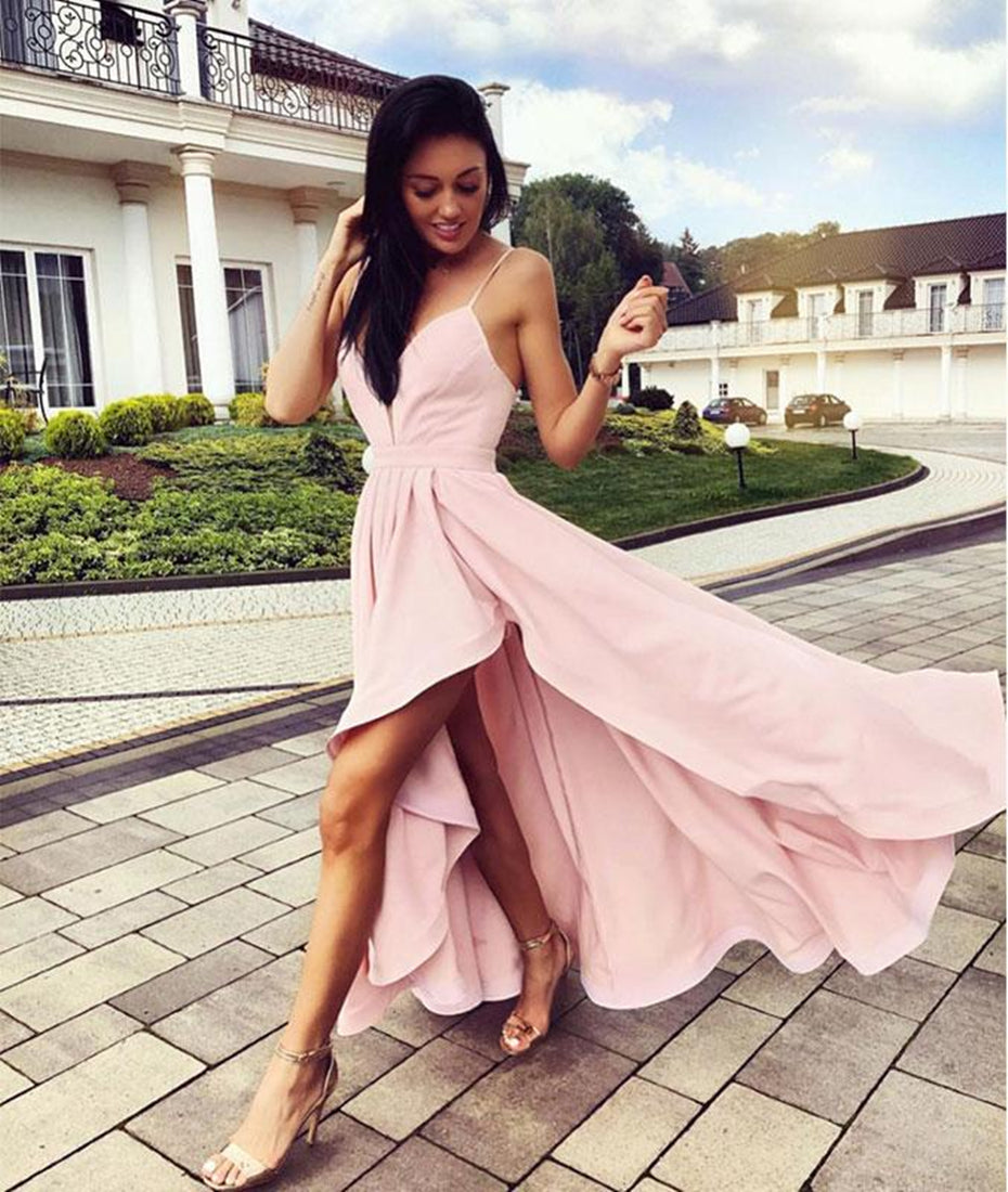 Unthony - Cute High Low V Neck Pink Prom Dresses