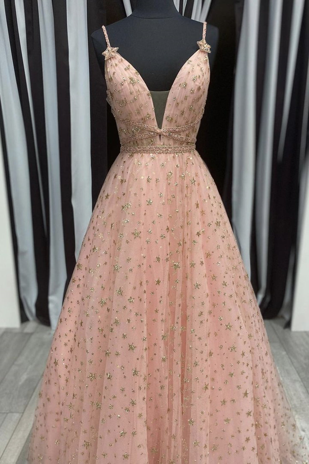 Unthony - Stylish V Neck Pink Long Prom Dress with Stars Sequins
