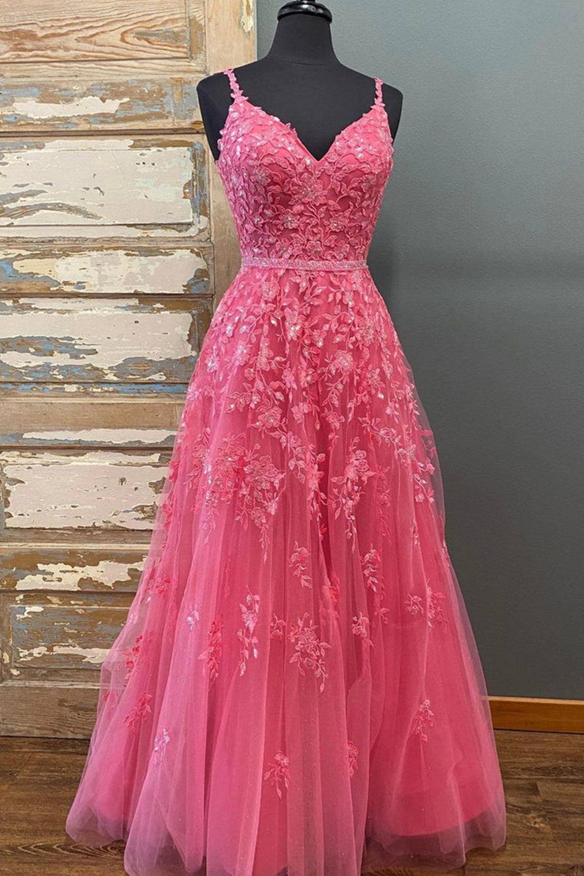 Unthony - A Line V Neck Beaded Hot Pink Lace Long Prom Dress