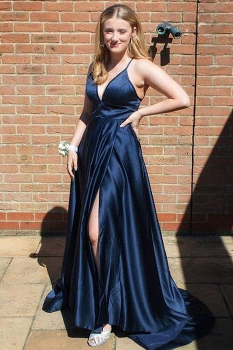 Unthony - A Line V Neck Navy Blue Satin Long Prom Dress with High Slit