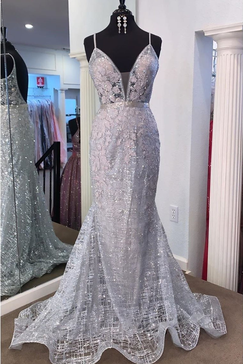 Unthony - Gorgeous V Neck Mermaid Backless Silver Gray Prom Dress