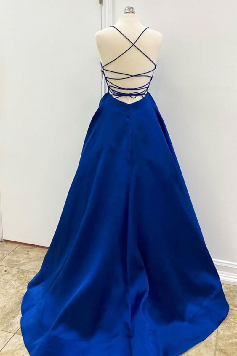 Unthony - Simple V Neck Backless Royal Blue Satin Long Prom Dress