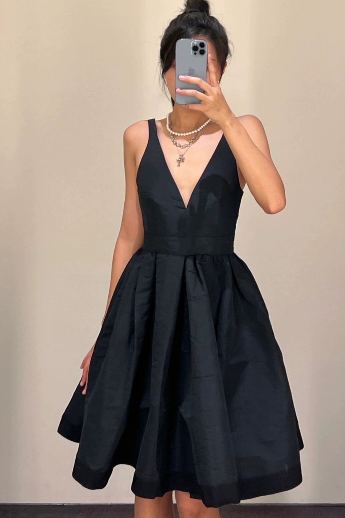 Unthony - Open Back V Neck Black Satin Prom Dress