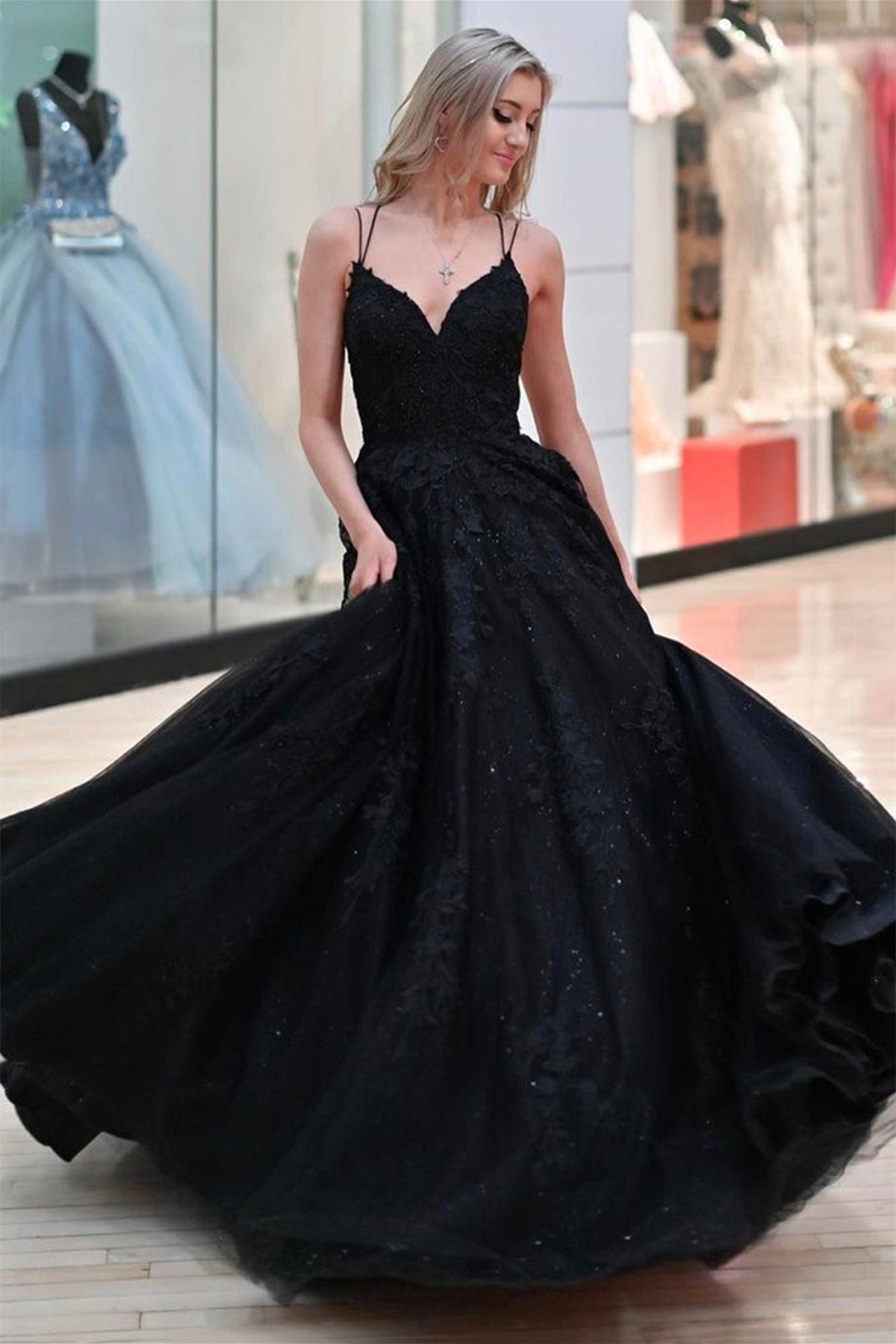 Unthony - A Line V Neck Backless Black Lace Prom Dress Long