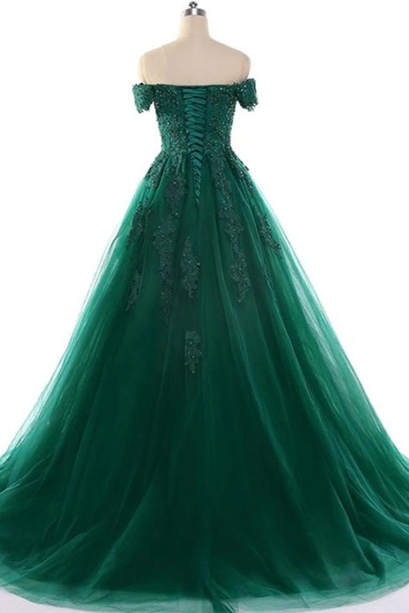Unthony - Off the Shoulder Dark Green Lace Long Prom Dress