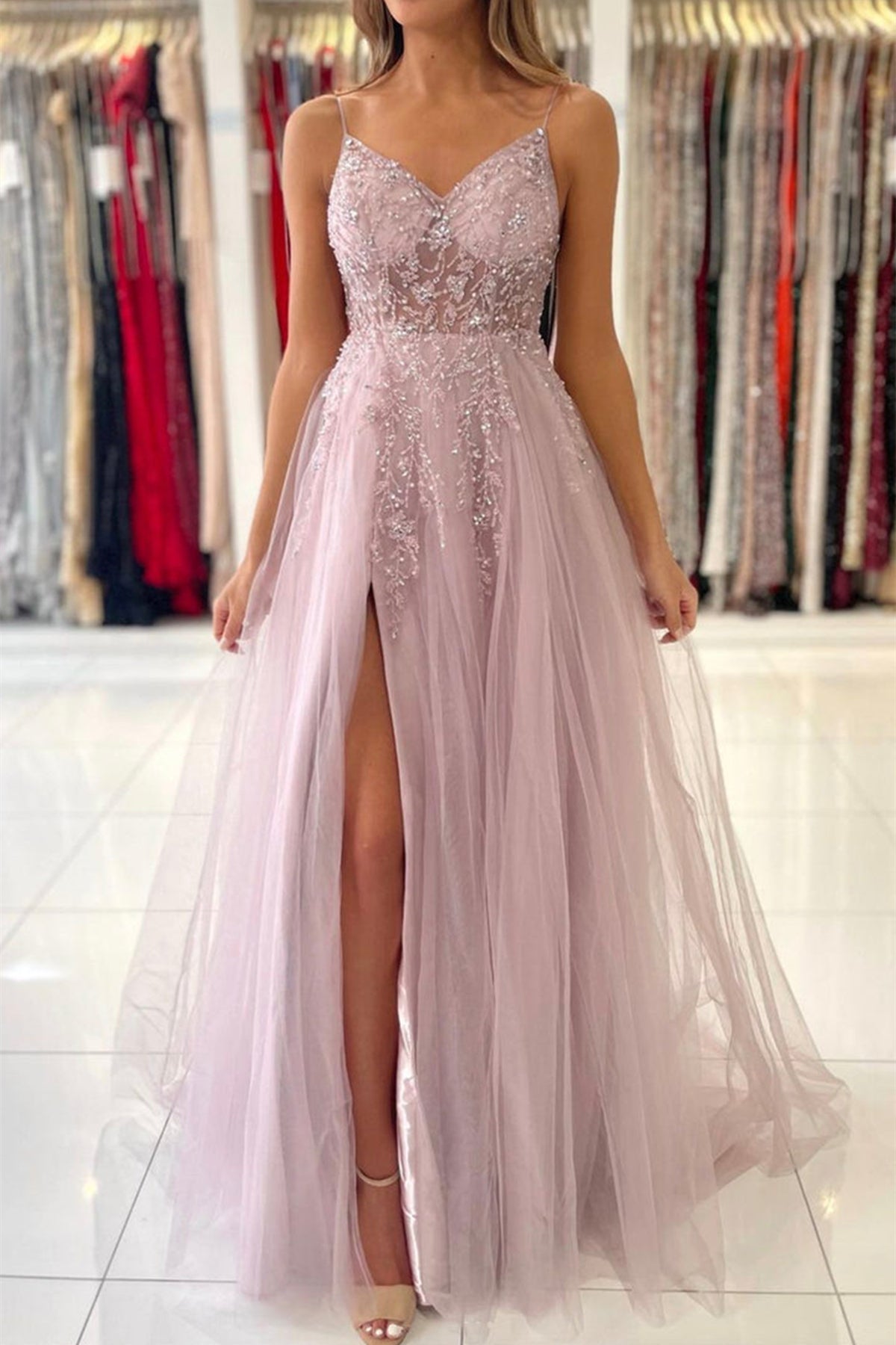 Unthony - Gorgeous V Neck Beaded Pink Tulle Long Prom Dress with High Slit