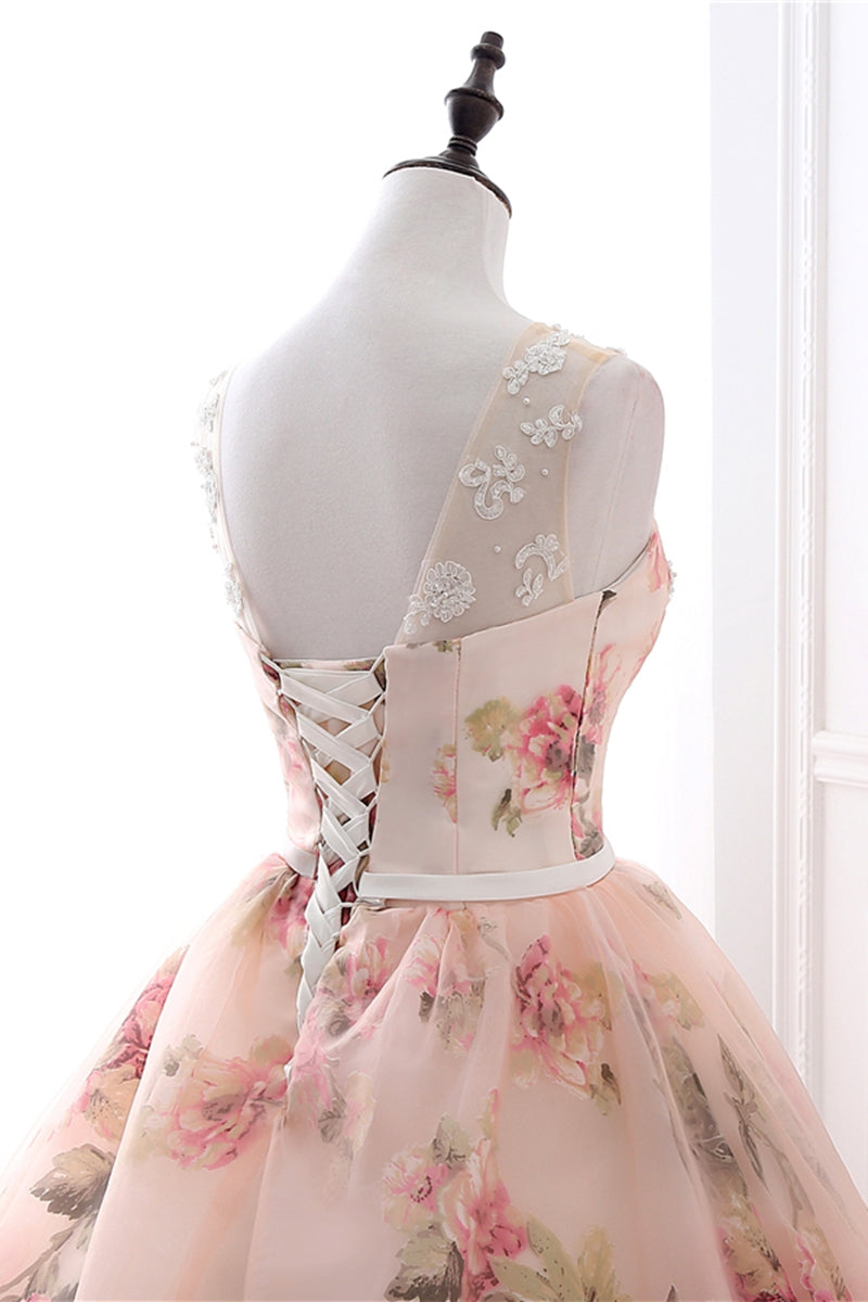 Unthony - Gorgeous Round Neck Lace Appliques Pink Long Prom Dresses