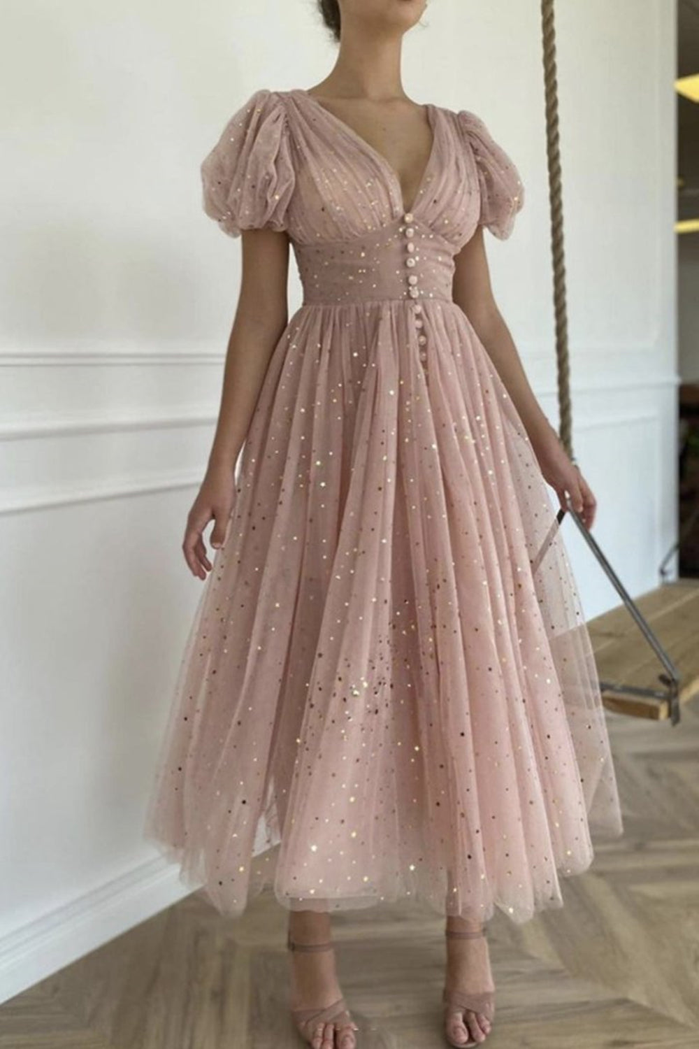 Unthony - Shiny Sequins V Neck Pink Tea Length Prom Dress