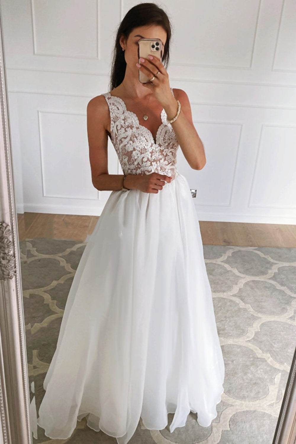 Unthony - A Line V Neck Open Back White Lace Long Prom Dress