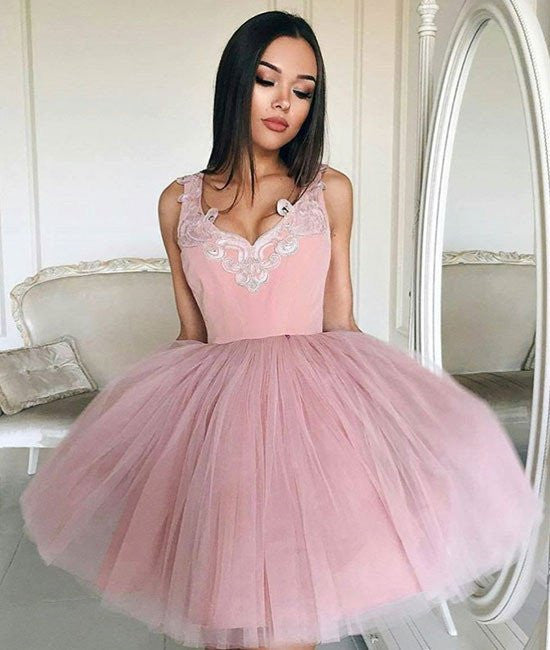 Unthony - Pretty V-Neck Pink Tulle Short Prom Dresses